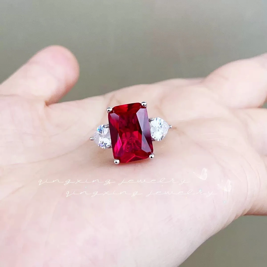 红蓝宝方形经典开口戒指/e526