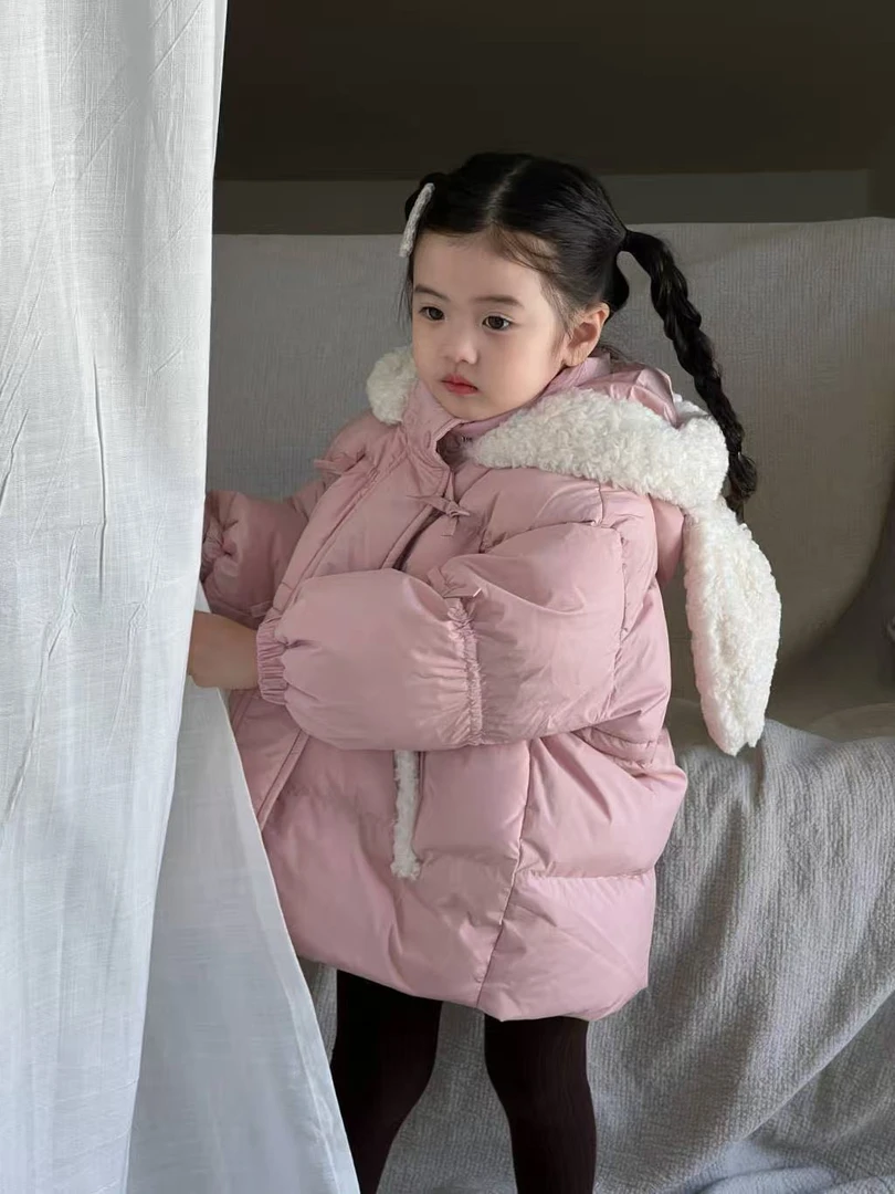 清货白鸭绒羽绒服童装小兔耳朵款中长羽绒服小童