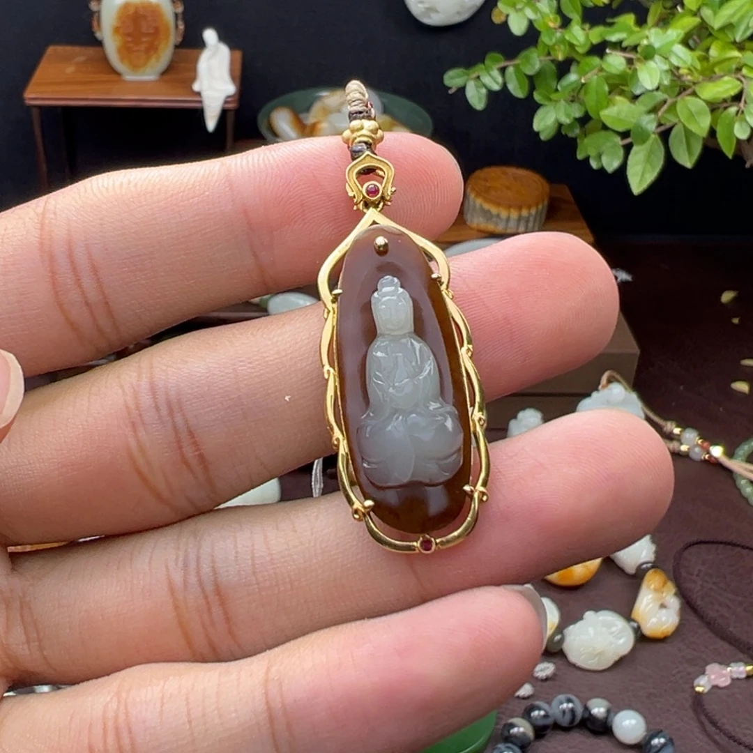 和田玉（子料）18K金镶嵌吊坠(不含链)和田玉籽料观音吊坠