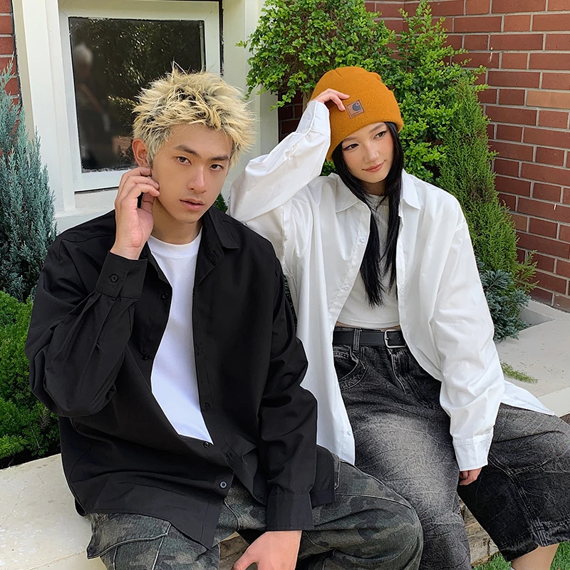 黑色情侣长袖衬衫男士夏季新款薄款美式潮牌宽松大码休闲防晒衬衣