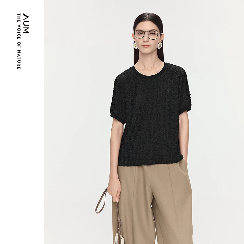 【商场同款】AUM噢姆秋季新款圆领蕾丝肌理黑色针织上衣女M1FZ31741
