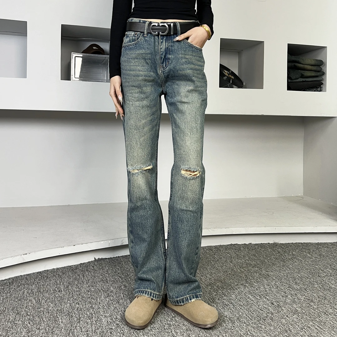 5038-美式复古休闲破洞牛仔裤通勤百搭男款女潮流裤子