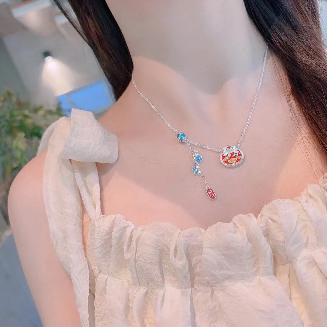 坠链均足银 足银990国潮珐琅彩福袋流苏项链