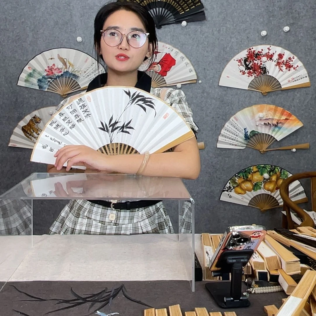 国画8寸水磨玉竹-纯手绘-文玩扇骨（默认粘好）