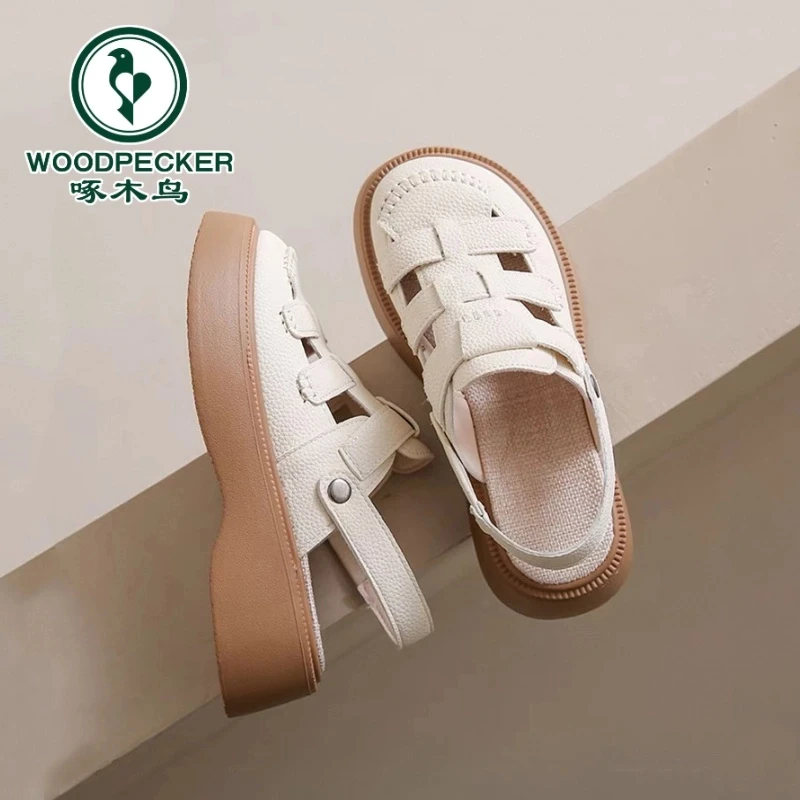 啄木鸟两穿镂空软底罗马凉鞋女2025年夏季新款森系厚底外穿半拖鞋