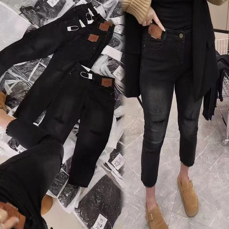 50033-韩版设计感高弹力显瘦大码假破洞老爹裤哈伦裤