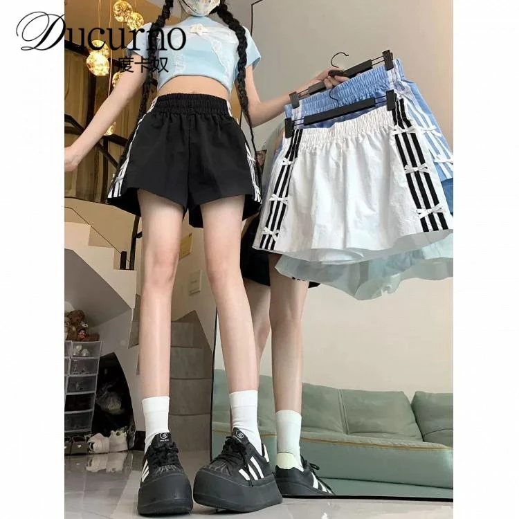 蝴蝶结三条杠条运动休闲裤女夏季新款高腰宽松小个子薄款阔腿短裤