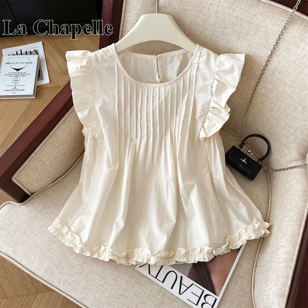 拉夏贝尔法式木耳边飞飞袖衬衫女2025夏新款褶皱宽松百搭短袖上衣