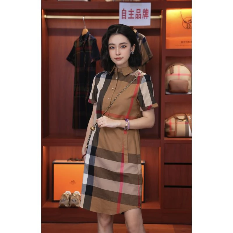 [格外有喜]春夏季欧洲站新品英伦风经典格子衬衫领连衣裙836011