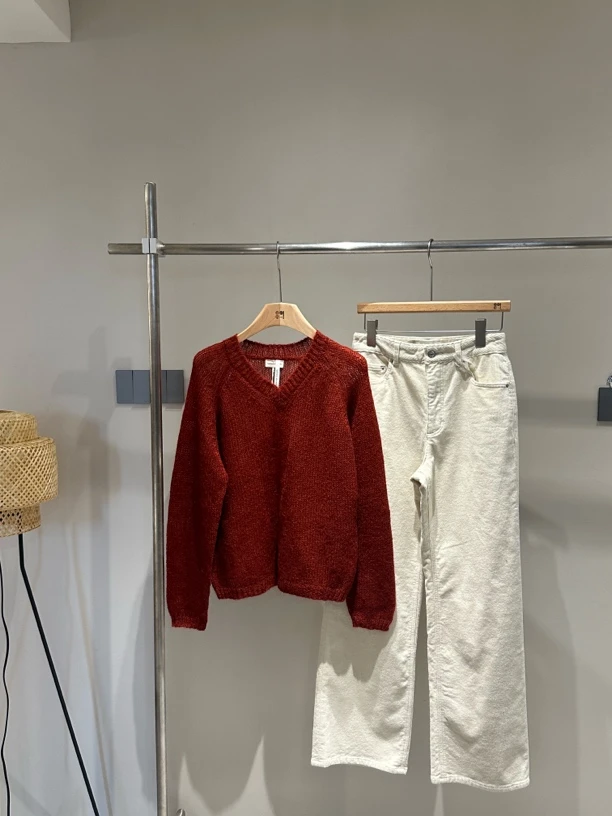 JUJU v领蕃茄红山羊毛毛衣