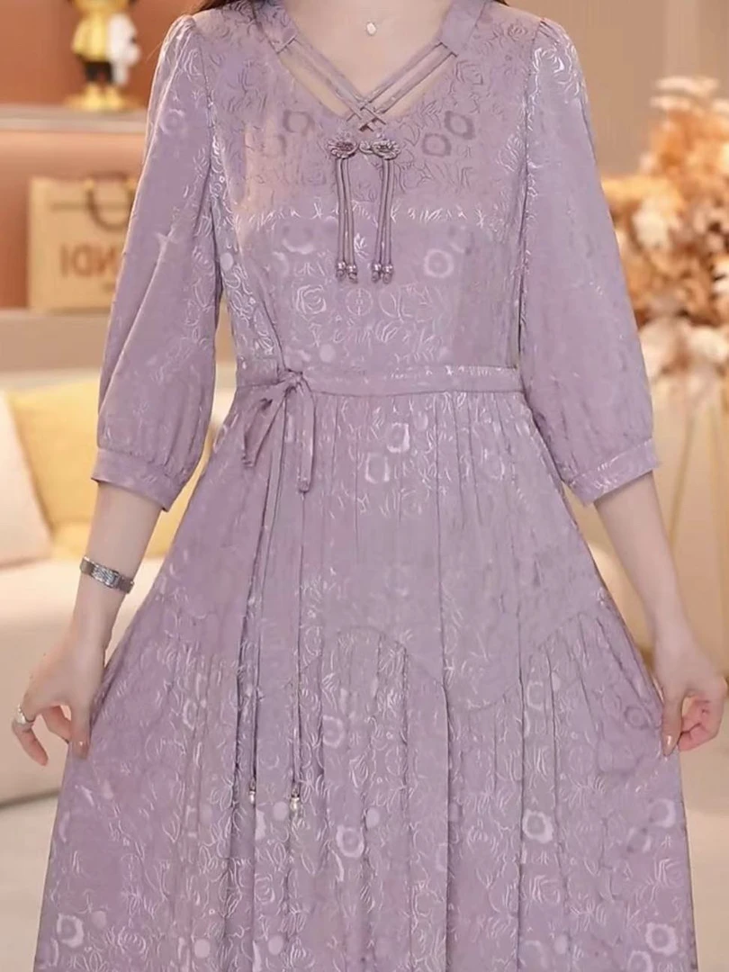 A881提花缎暗纹缇花2025夏中国风复古盘扣中长款假两件连衣裙