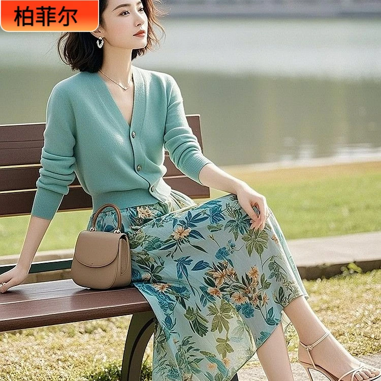 I休闲小清新早春知性外穿针织衫ins风遮肚爆款中长款半裙套装1