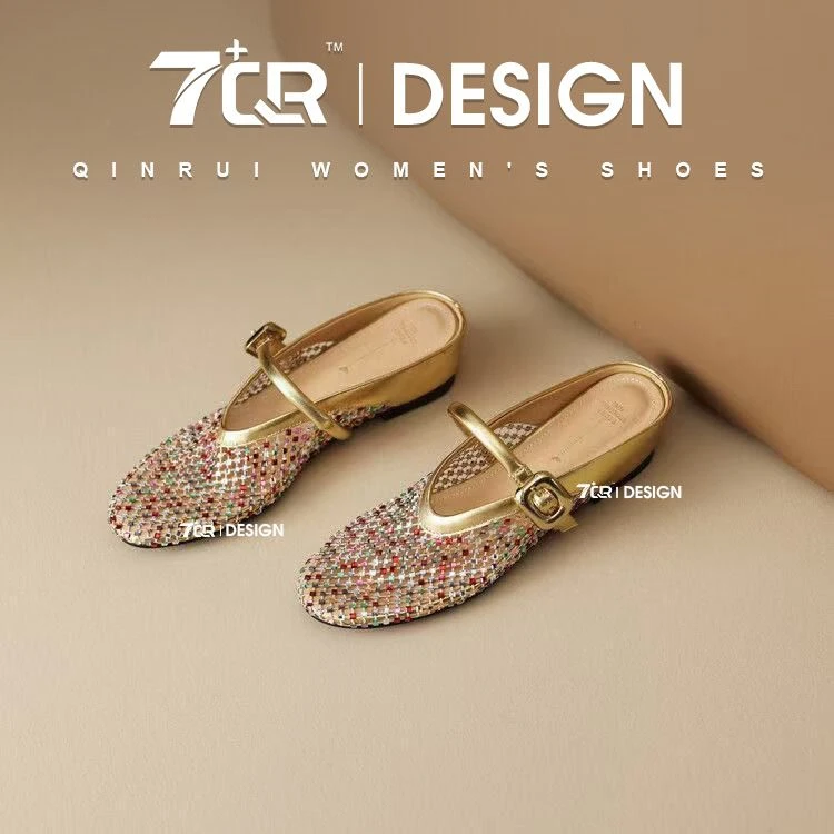 7+QR轻奢风一字带镂空透气烫钻包头凉拖 XX&602