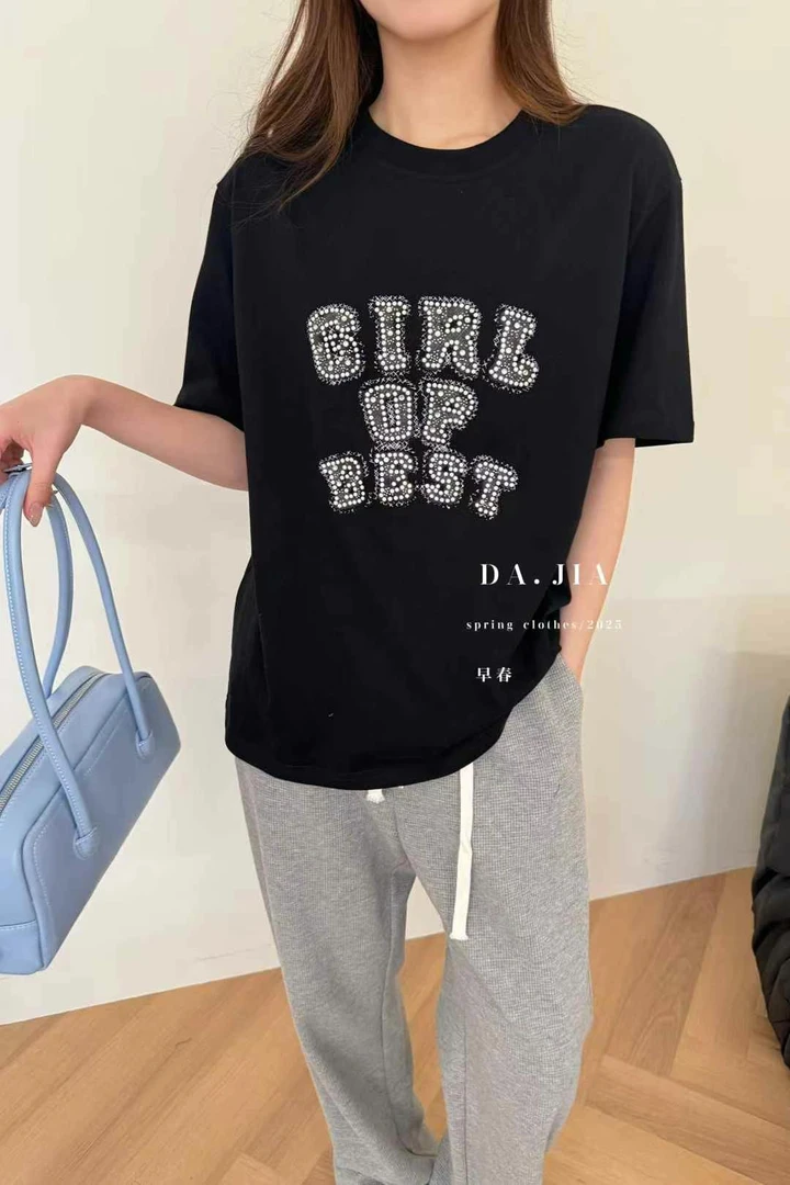 DJ#25027春季福利磨毛重工艺字母短袖上衣，衣长：62cm