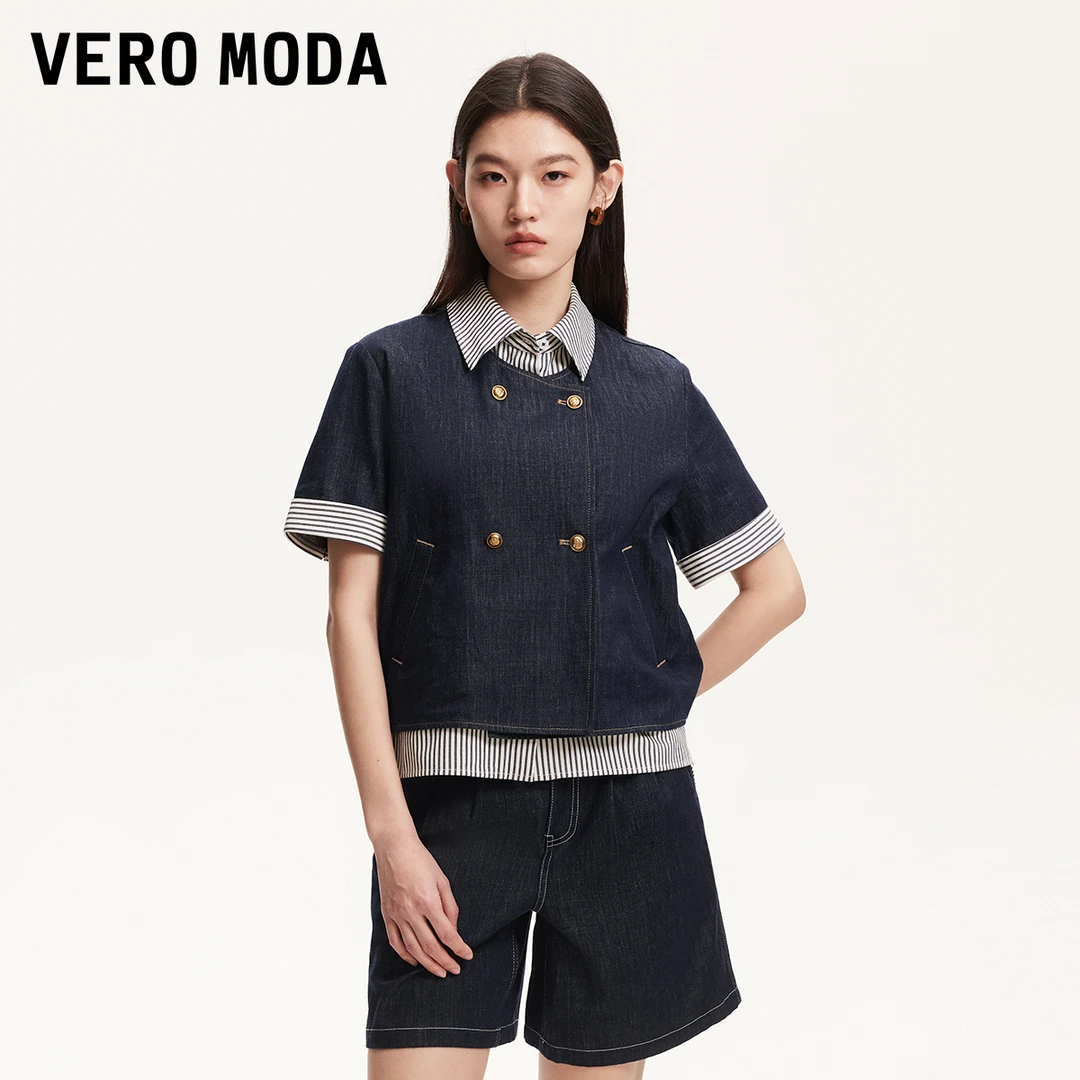 Vero Moda衬衫2025夏日穿搭假两件条纹拼接牛仔复古衬衫325259003