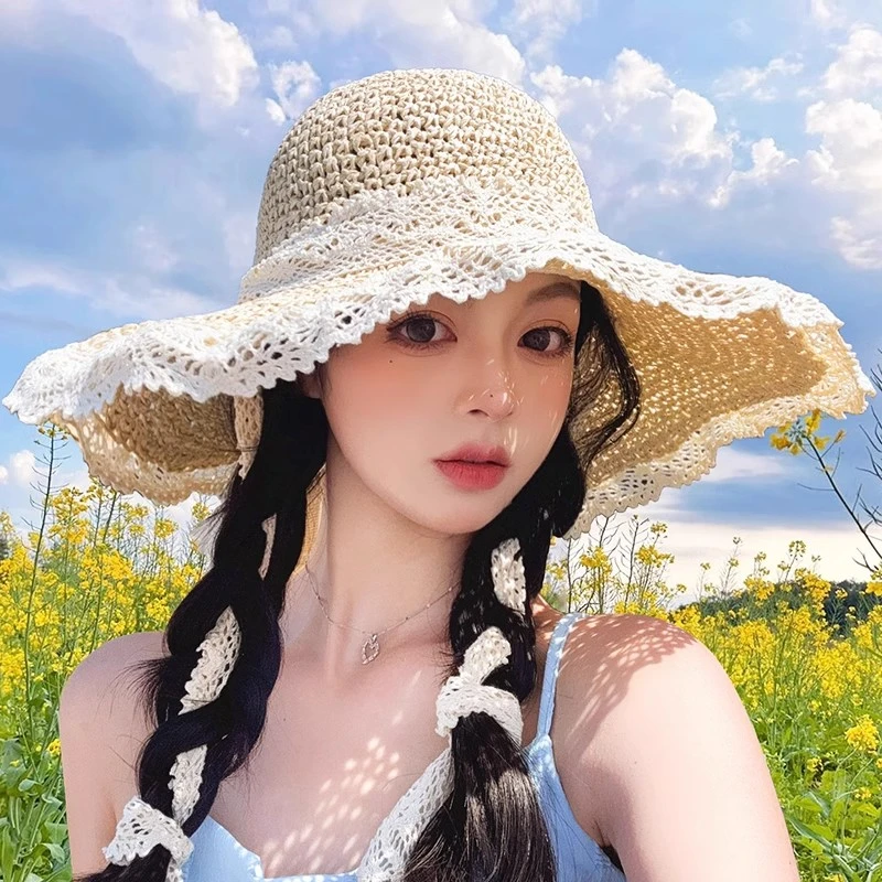 帽子女款2025新款夏遮阳抗紫外线太阳帽海边度假防晒镂空蕾丝草帽