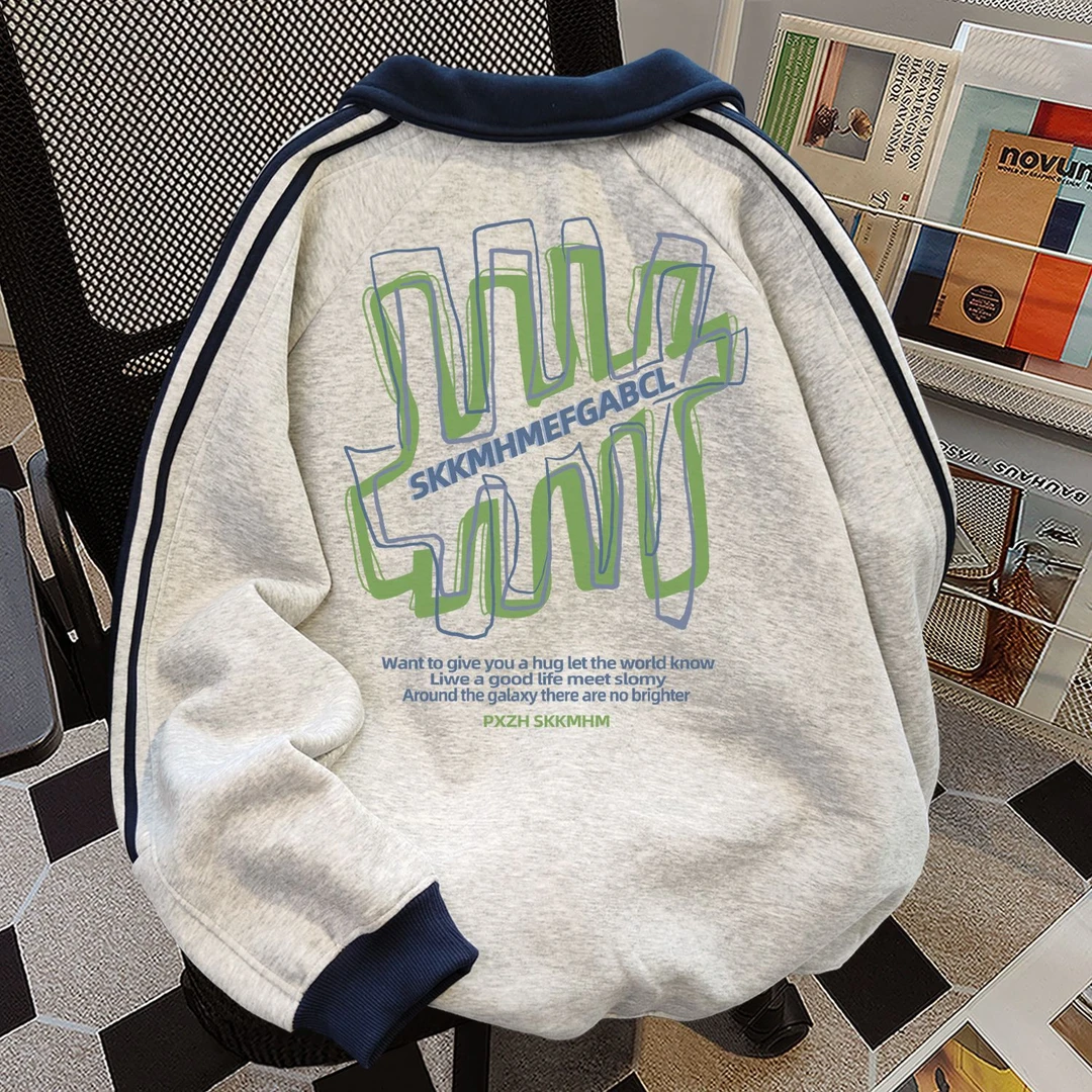 美式小众个性三条杠加绒加厚翻领拼接卫衣男女秋冬季宽松显瘦外套