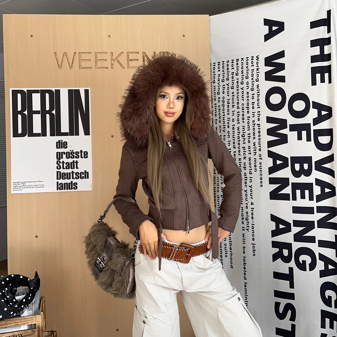 TOOHIGH 设计感可拆卸大毛领修身短款夹克外套女美式麂皮连帽上衣