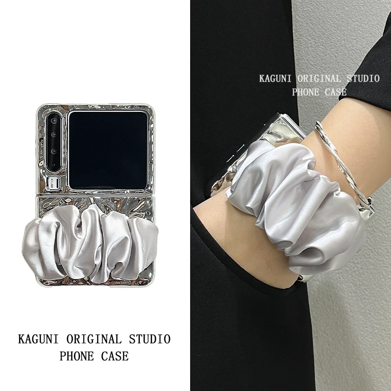 适用于华为purax/p50pocket2极简高级感银色电镀褶皱弹力丝巾腕带