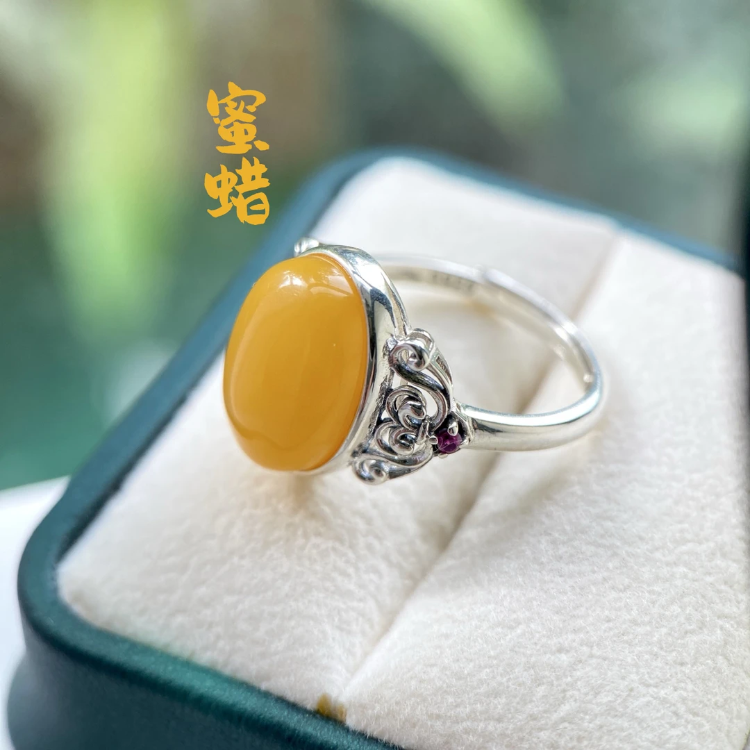 【羽芒】蜜蜡蛋面戒指S925银镶蜜蜡鸽子蛋复古戒指闺蜜朋友生日礼物