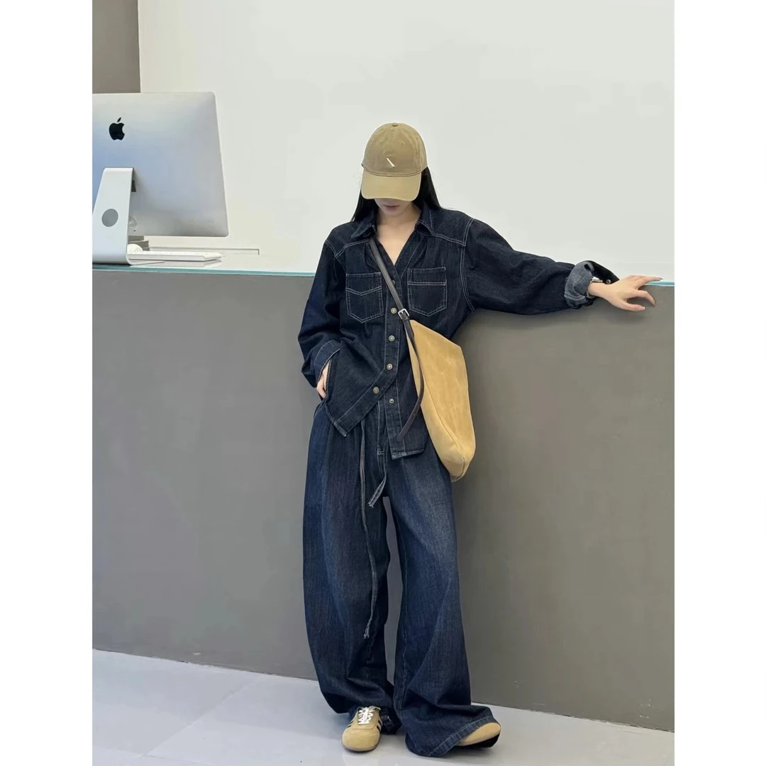 港式牛仔～新款韩版复古V领长袖衬衫+宽松阔腿裤套装