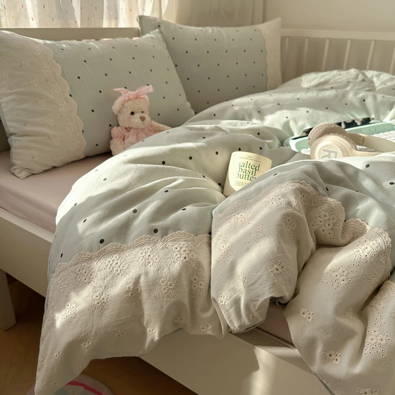 法式花边水洗棉床上四件套春夏小清新皱皱纱床单人被套三件套床笠