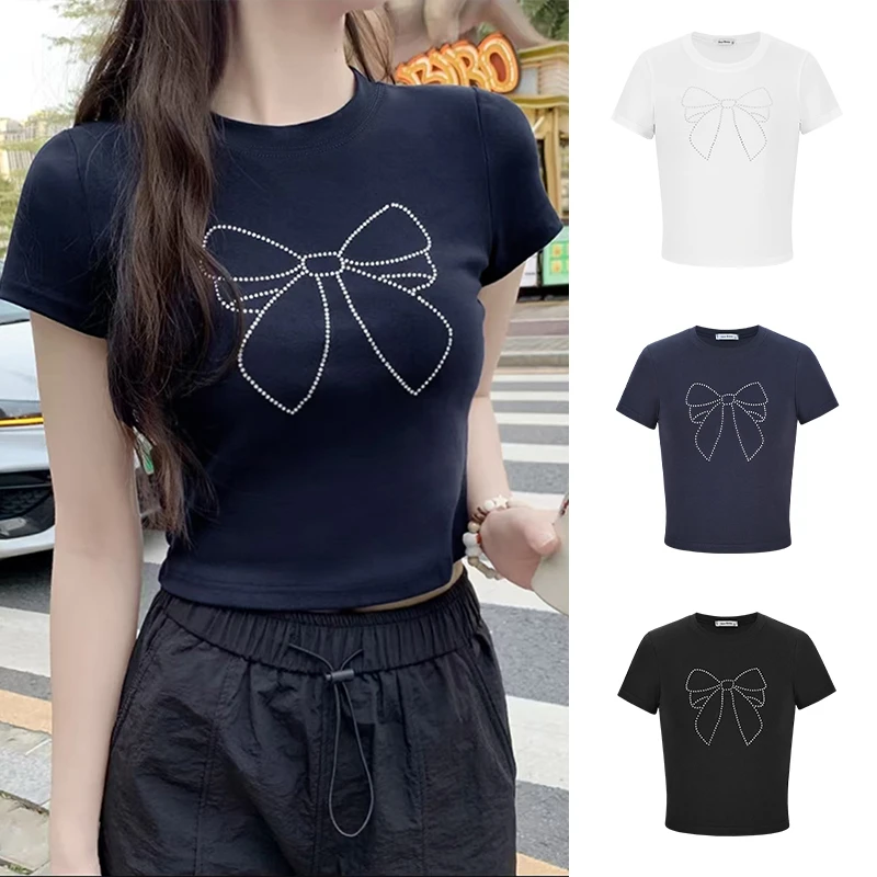 Moses Queen/魔西女王圆领蝴蝶烫钻设计感正肩T恤女春夏短款上衣