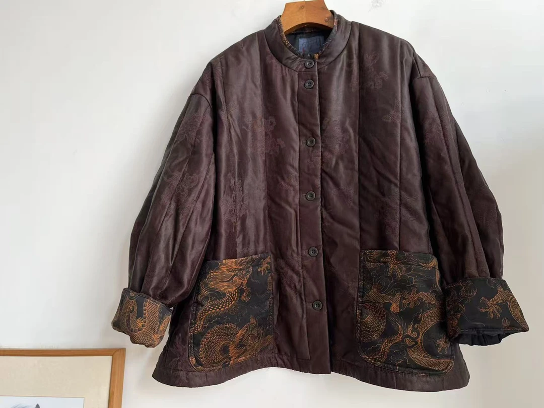 依梦分享-荼家332275立领长袖桑蚕丝复古棉服