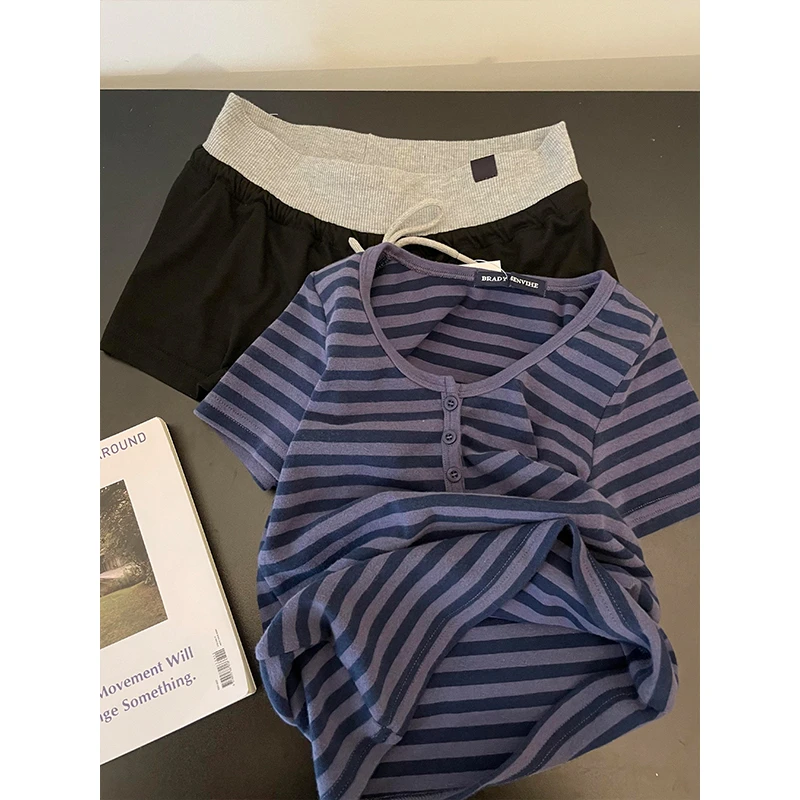 【紫色条纹】日系简约休闲睡衣女夏季爆款短袖短裤家居服套装可外穿