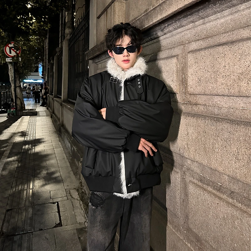 黑色美式毛领座山雕棉服外套男款冬季加厚高级感痞帅pu皮棉衣棉袄