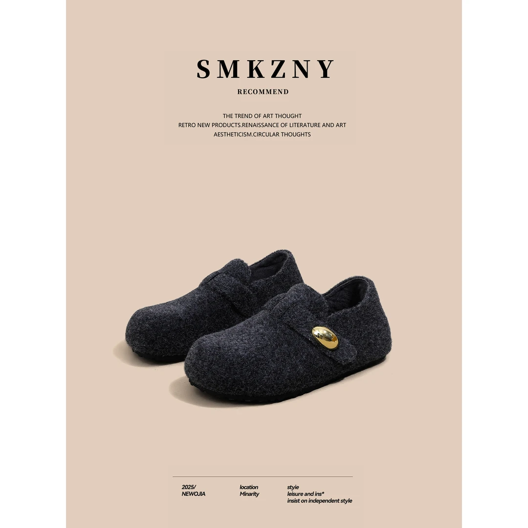 灰色加绒豆豆鞋全包勃肯鞋保暖增高毛毛鞋2025新款百搭秋冬棉鞋