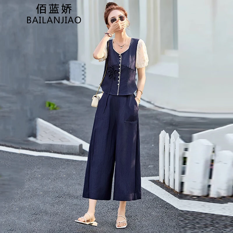 时尚休闲短袖衬衫阔腿裤套装女2025夏季新款显瘦松弛感穿搭两件套