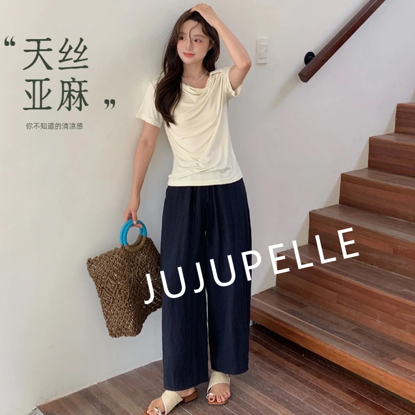 天丝亚麻！超透气轻薄2025夏季新款九分松紧垂感女直筒阔腿奶奶裤