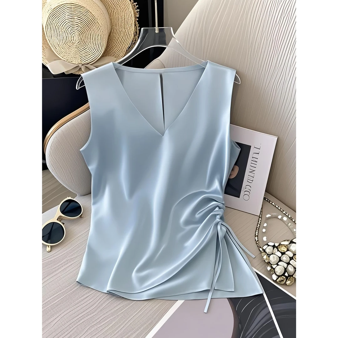 蓝色轻奢收腰系带短袖t恤女2025夏季新款百搭独特超好看缎面衬衫