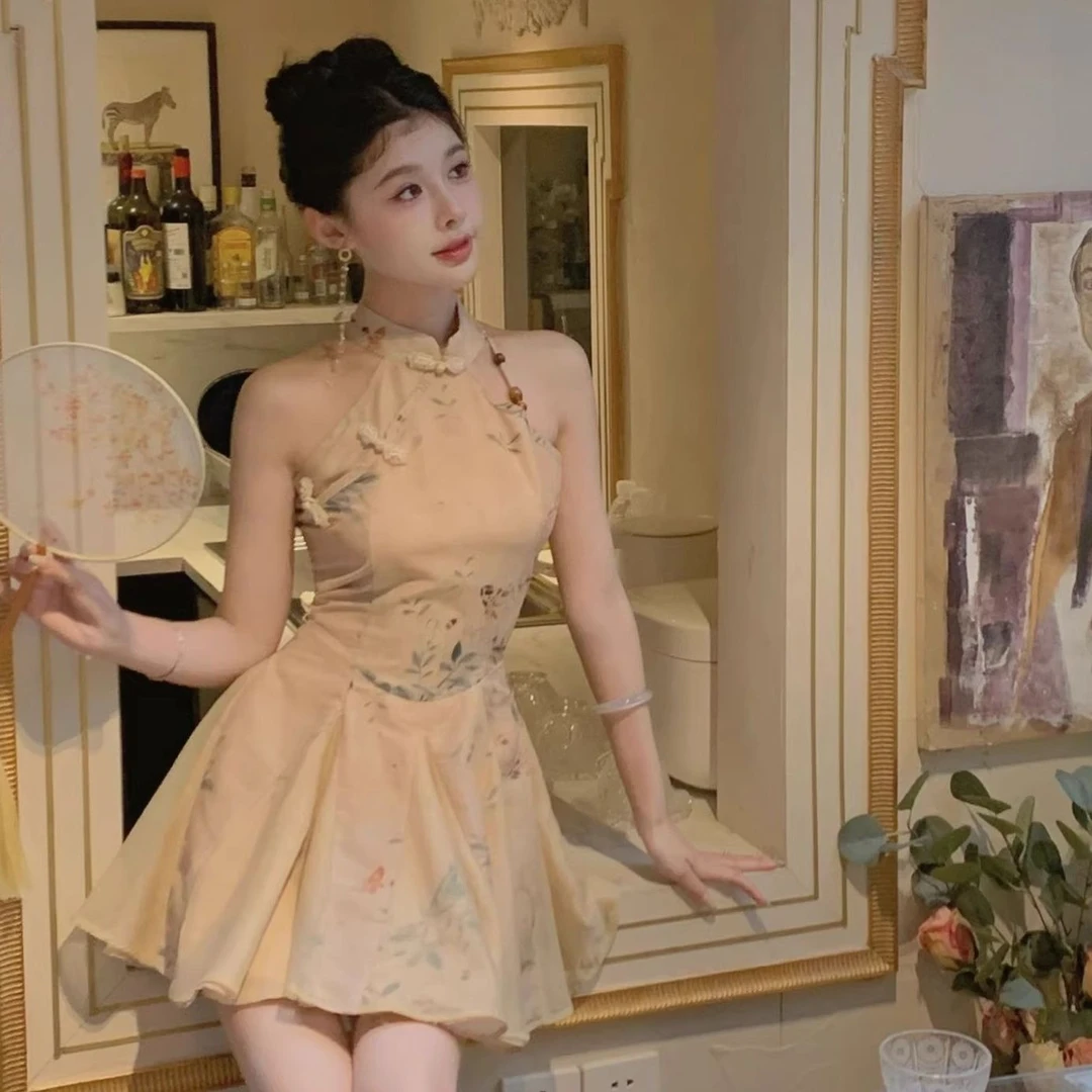 新中式复古印花裙夏无袖挂脖改良版少女旗袍裙气质精致a字连衣裙