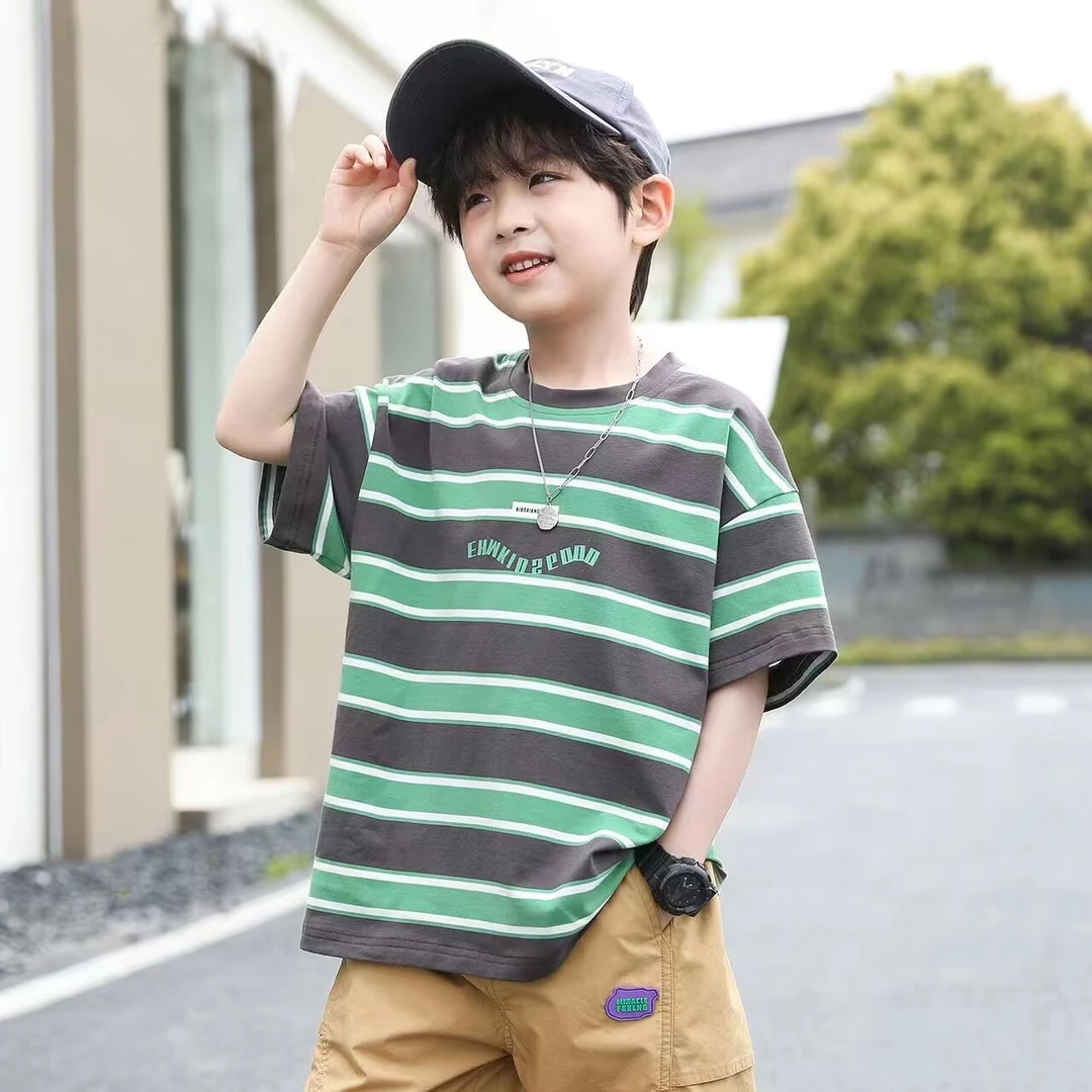 纯棉男童短袖t恤条纹夏季新款中大童男孩夏装儿童装宽松半袖t上衣