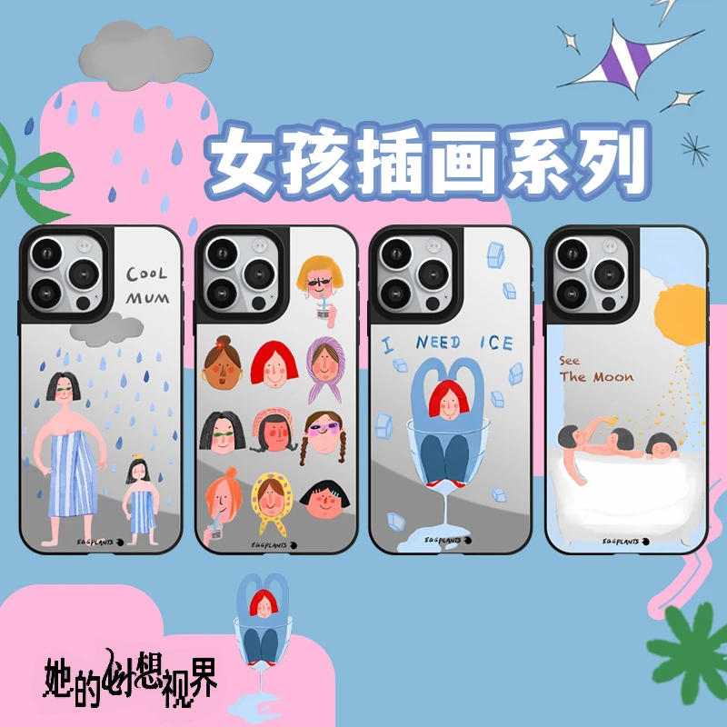 新款女孩插画系列CASETI适用于苹果16promax镜面15苹果手机壳