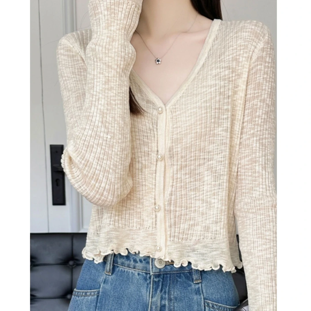 夏季新款珍珠纽扣小众气质温柔短款空调针织外套薄款冰丝防晒开衫