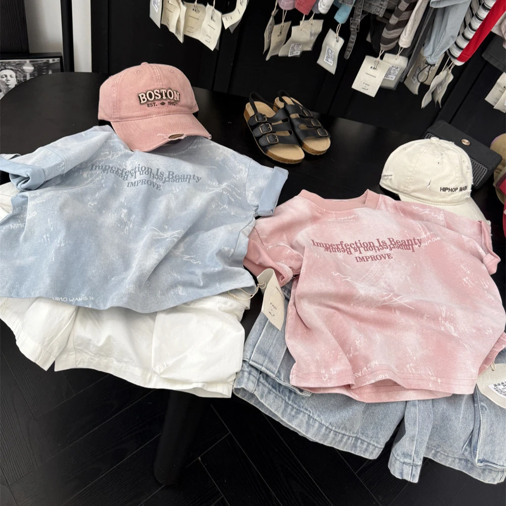 商场同款优选2025夏季儿童美式扎染字母短袖T恤男童女童洋气晕染