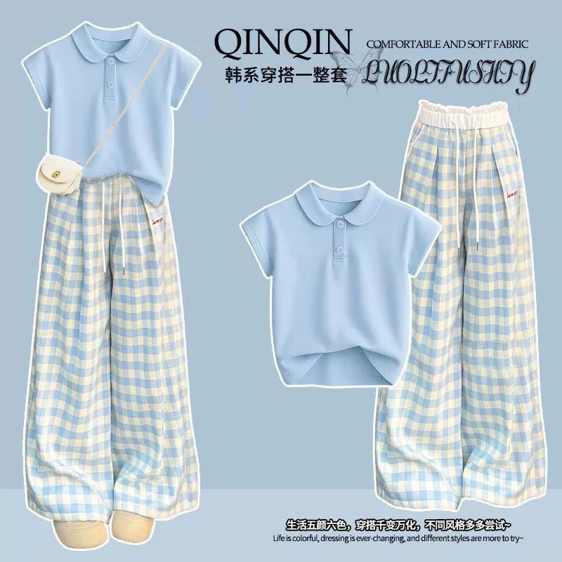 大童夏季阔腿格子裤套装2025青少年学院Polo领T恤蓝色休闲两件套
