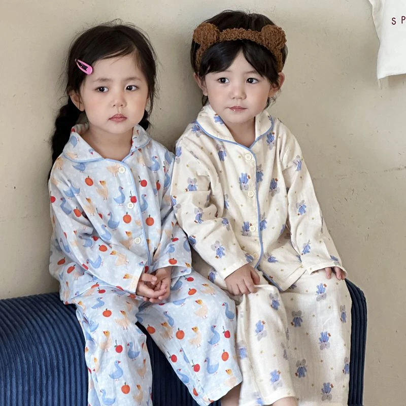 儿童婴纱睡衣春秋季可爱家居服新款男女宝宝长袖纯棉双层纱布套装