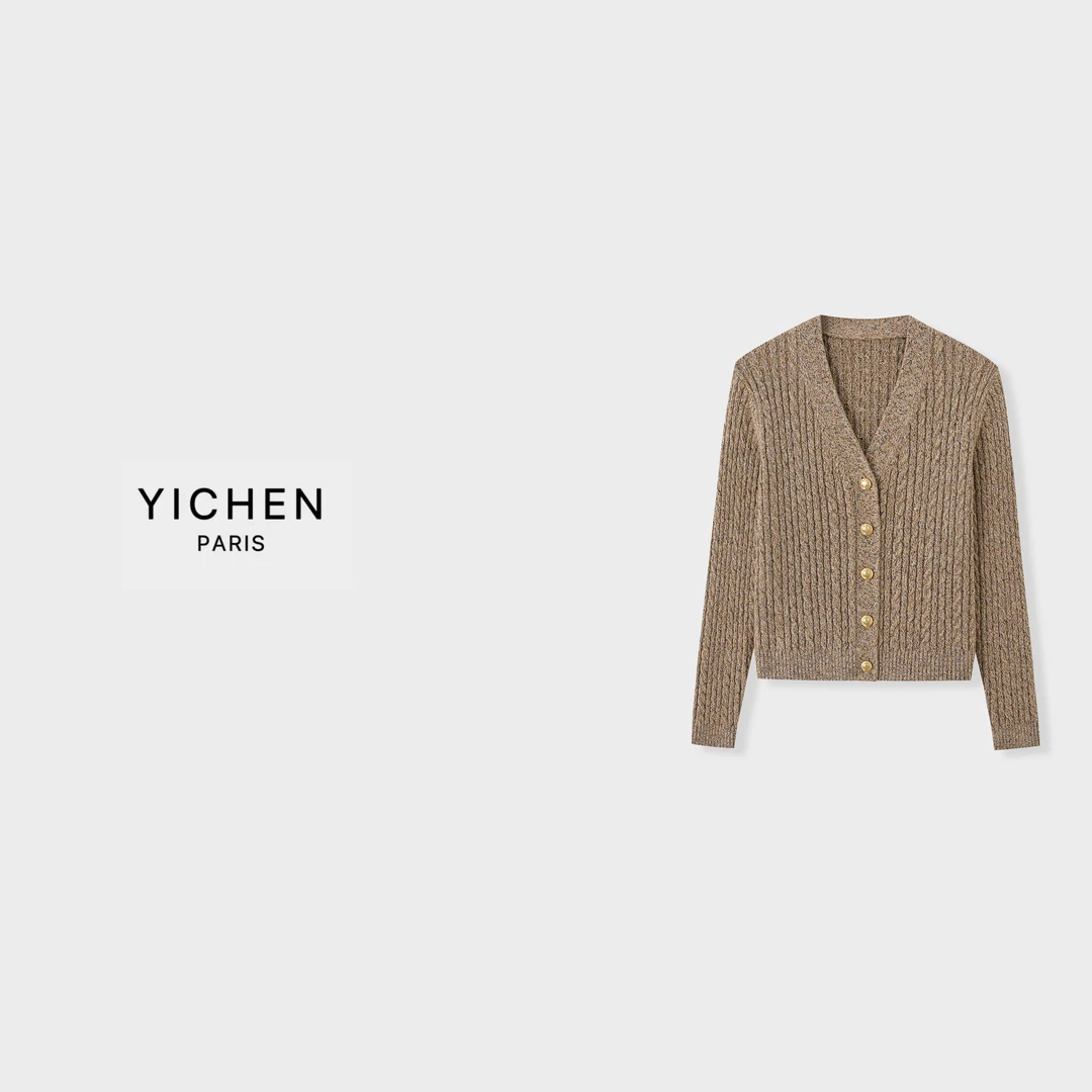 YC 奶茶色拼纱V领金属扣绞花针织开衫-2930