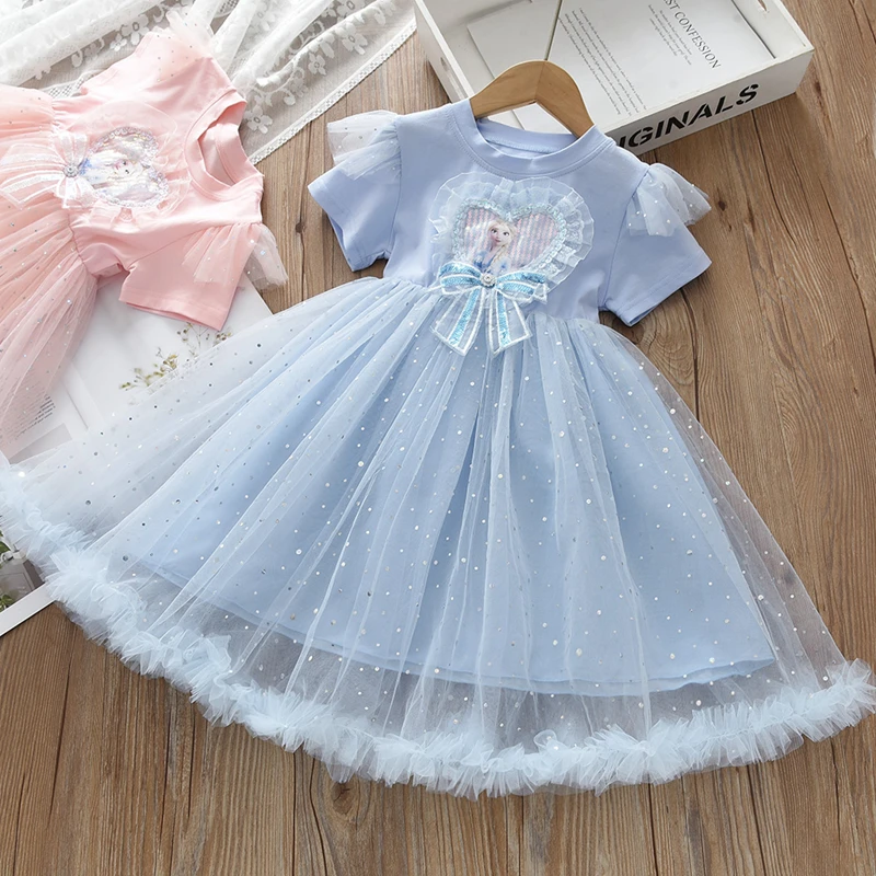 女童短袖夏款爱莎公主裙  夏季新款洋气网纱蓬蓬儿童棉布连衣裙子