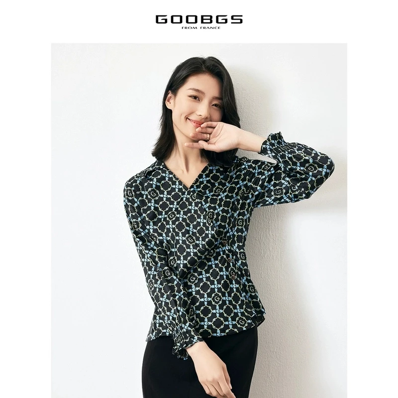 【女乔专属】谷邦GOOBGS 长袖V领印花衬衫 G3115526-A