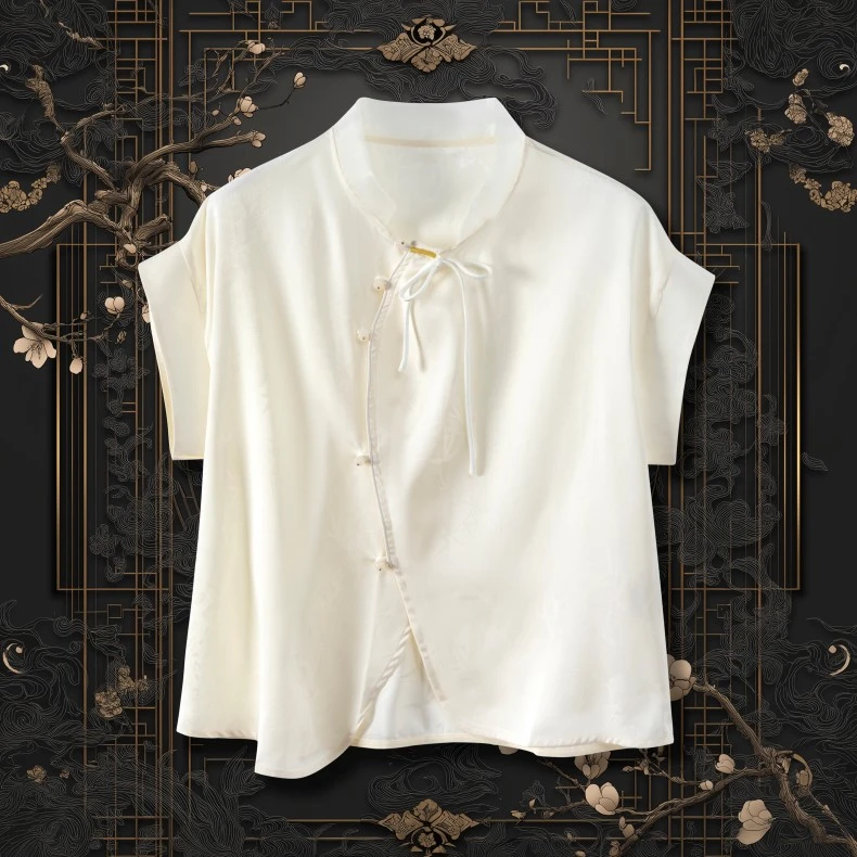 N839国新中式弧形斜襟前开叉短袖上衣