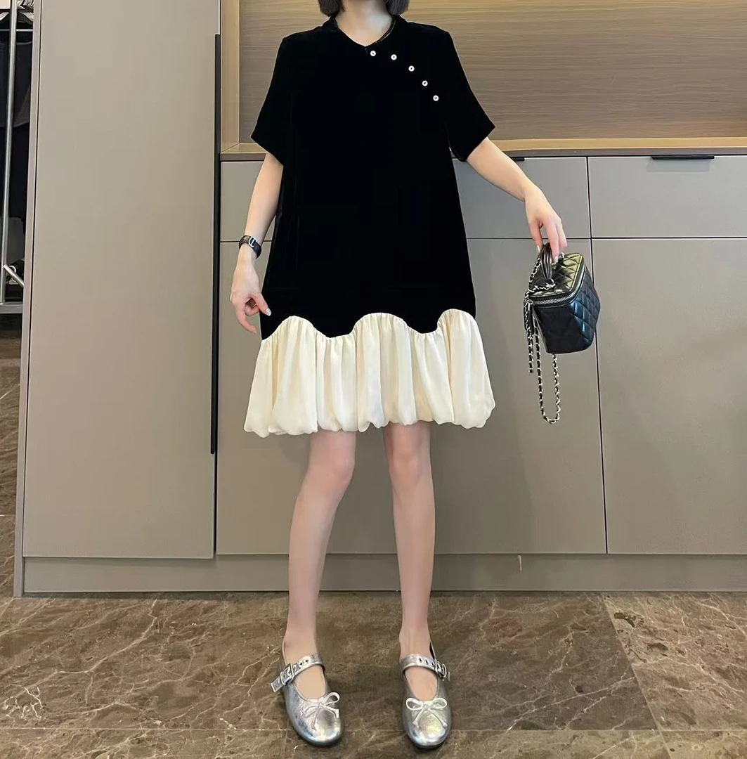 米可/MK-2413ZJ【新中式拼接丝绒连衣裙】时尚休闲夏季新款连衣裙