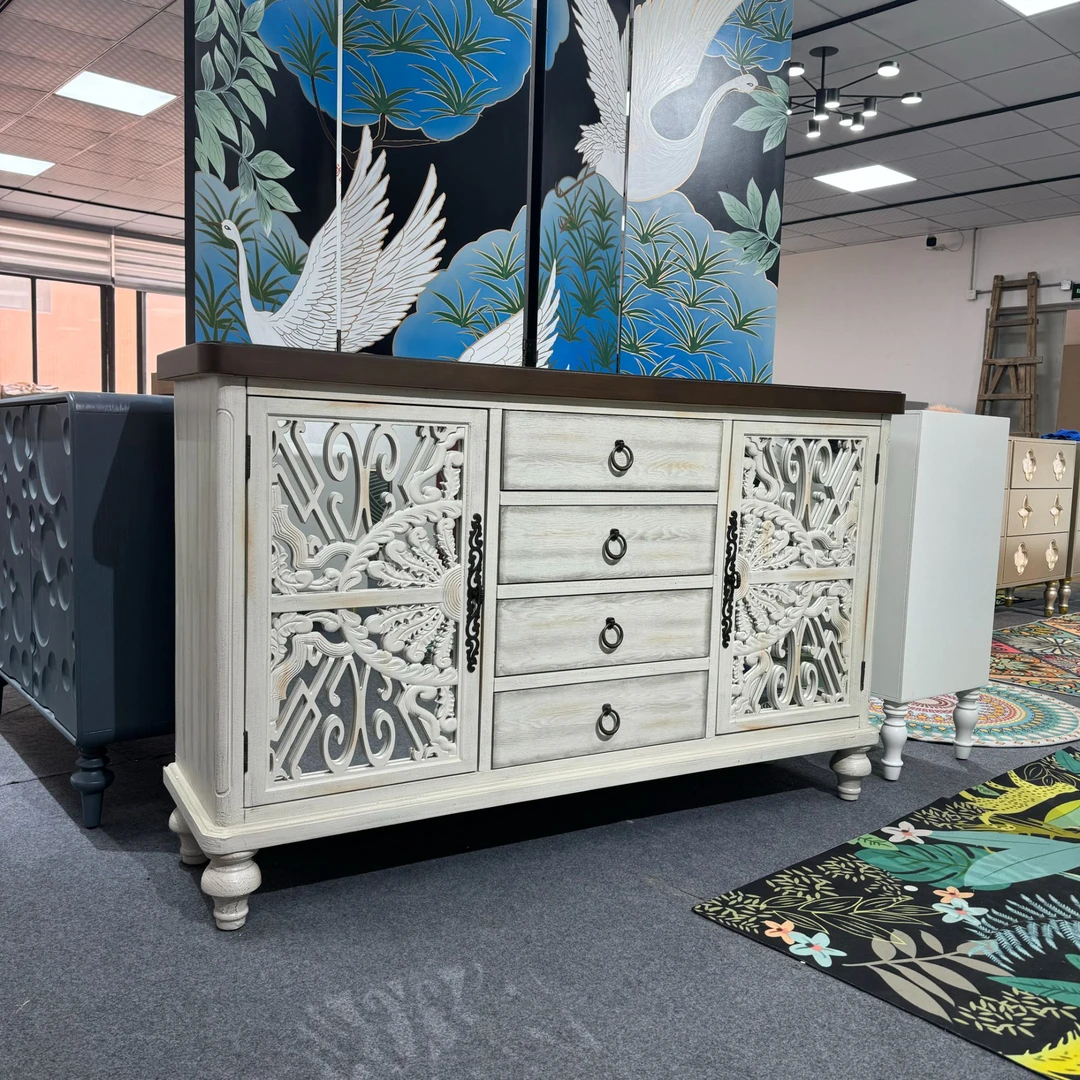 美式乡村做旧雕花餐边柜复古法式客厅简约收纳柜玄关手绘欧式门厅