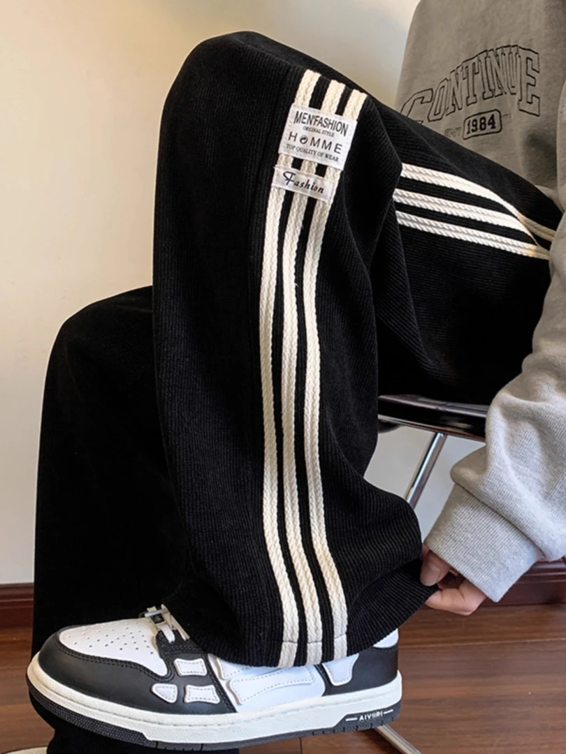 美式潮牌灯芯绒裤子男款秋季青少年宽松直筒卫裤百搭运动休闲长裤