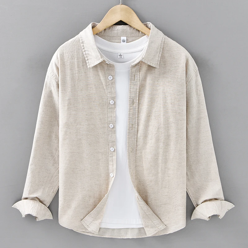 棉麻长袖衬衫男春夏新款纯色简约宽松百搭休闲衬衣男亚麻男装C212