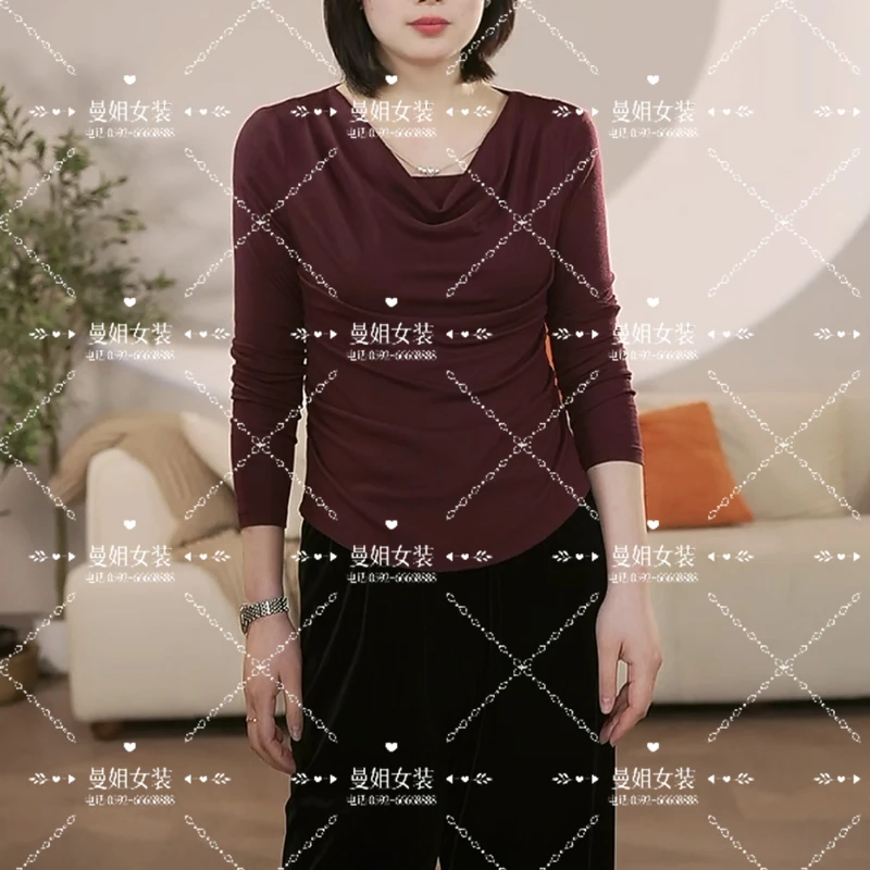 【曼姐定制】设计感荡领长袖修身百搭褶皱不规则套头T恤上衣 2616